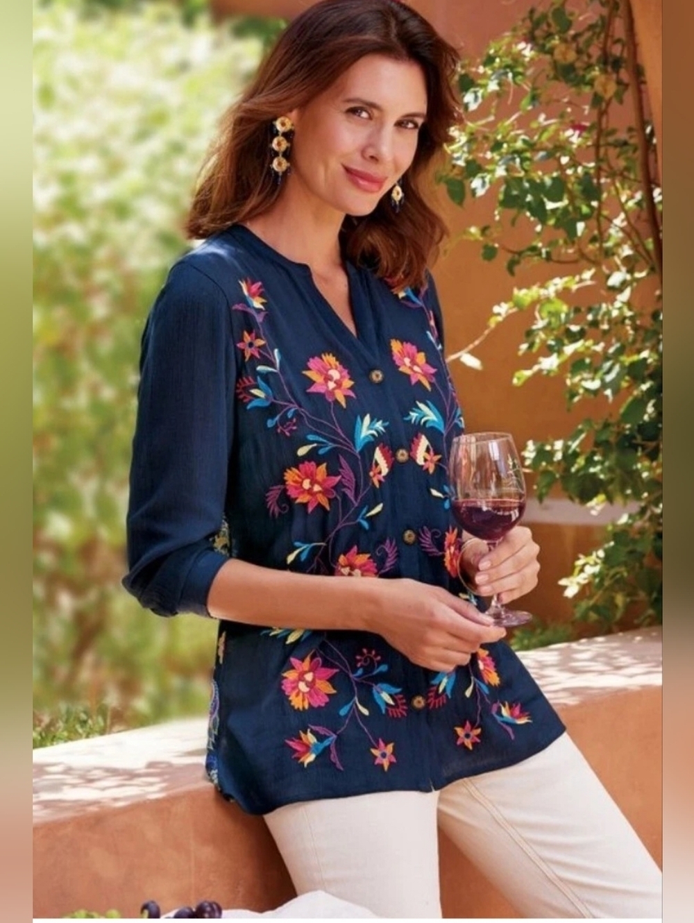 Soft Surroundings Nesta Navy Embroidered Floral Button Y Neck Blouse Size Lge